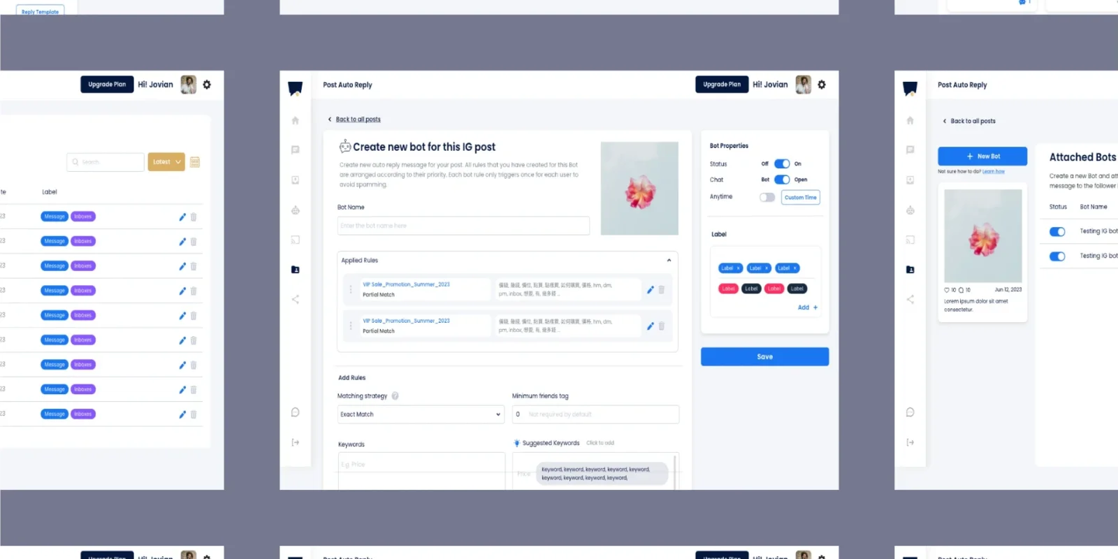 chatalog.ai dashboard screens, centred on "Create new bot for this IG post" with rules, labels and bot properties