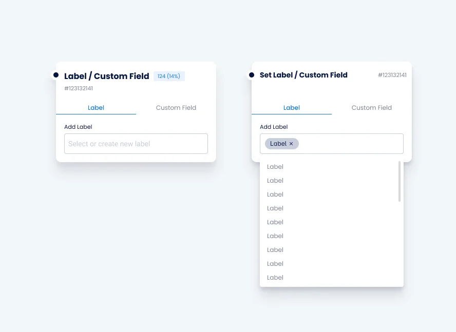 Label / Custom Field panel: adding a label, with the label dropdown open