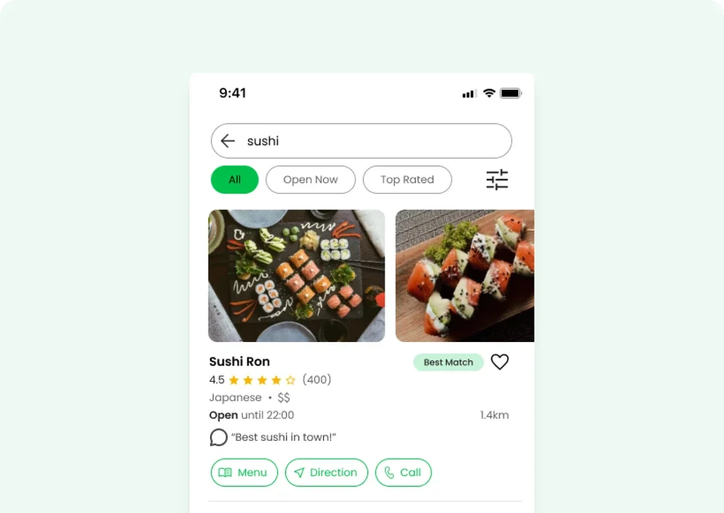 Sushi search results with a 'Best Match' tag on the top restaurant