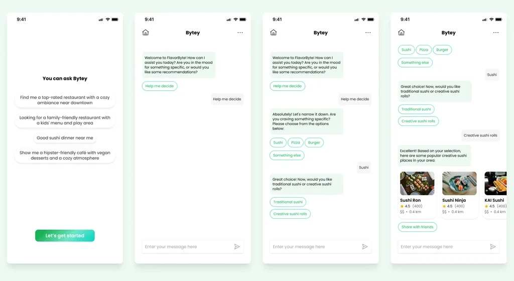 Asking Bytey, FlavorByte's AI assistant: from 'Help me decide' to sushi recommendations in four chat screens