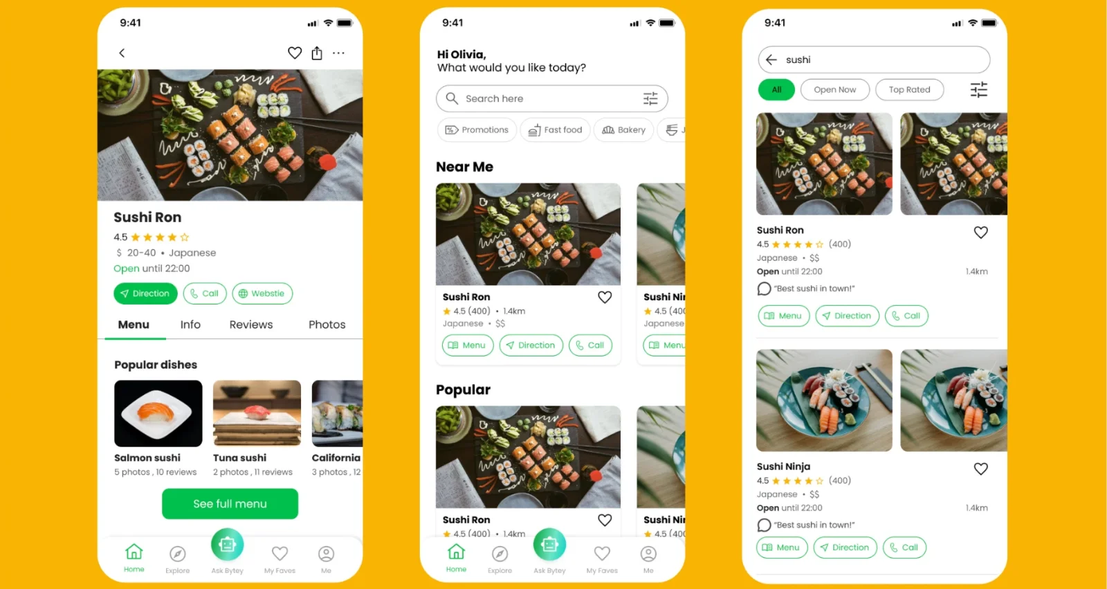 FlavorByte app screens on a yellow background: restaurant detail, home with Near Me and Popular, and sushi search results