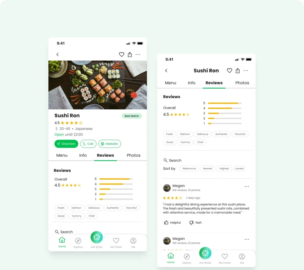 Sushi Ron restaurant page with a Best Match tag, and its Reviews tab with rating breakdown and tags