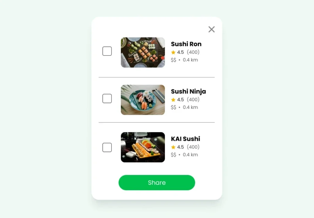 Share sheet for picking restaurants to send to friends: Sushi Ron, Sushi Ninja and KAI Sushi