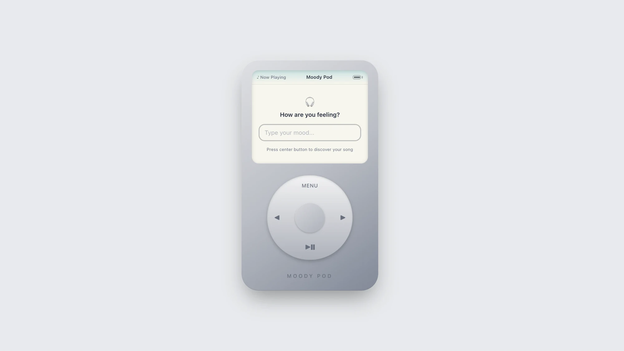 Moody Pod: an iPod-style screen asks "How are you feeling?" above a click wheel