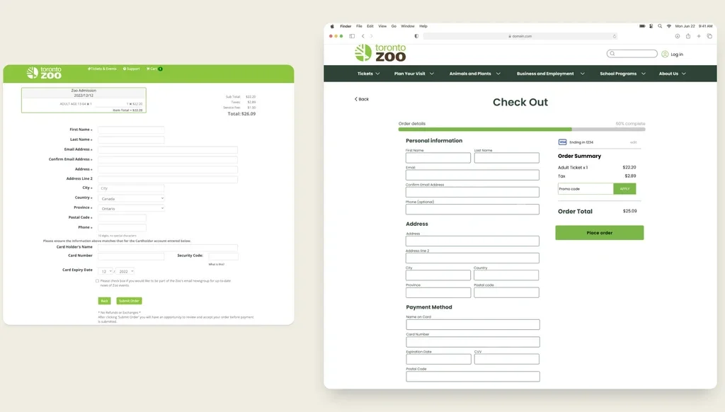 Before and after: the old single-column checkout form beside the redesigned Check Out page with progress bar and order summary