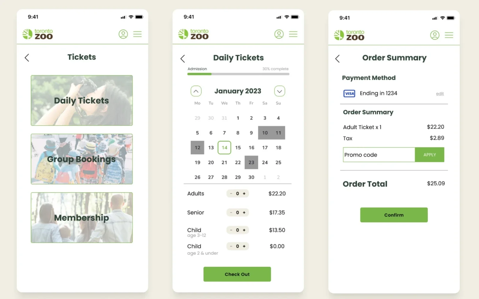 Toronto Zoo mobile screens: Tickets, Daily Tickets with a calendar and ticket counts, and Order Summary