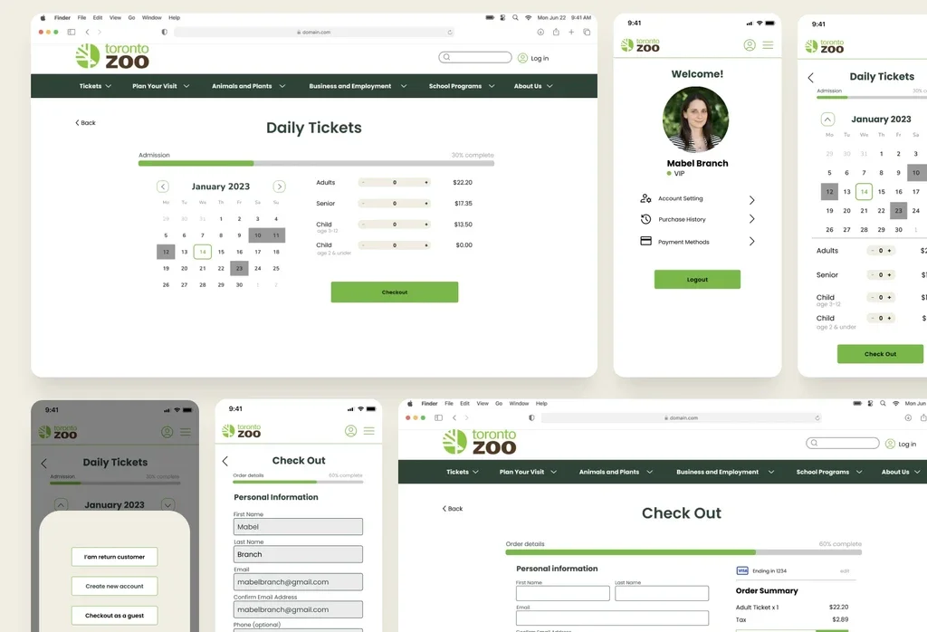 Redesigned Toronto Zoo screens on desktop and mobile: Daily Tickets, account page, checkout and guest checkout options