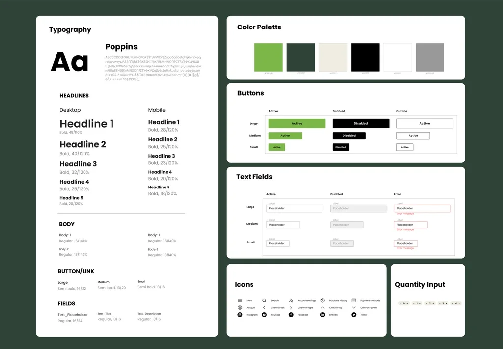 UI style guide: Poppins typography scale, color palette, buttons, text fields, icons and quantity input
